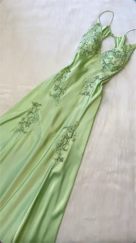 Beautiful A Line Spaghetti Straps Green Long Prom Dresses Backless Satin Evening Gowns Printed Long Skirt