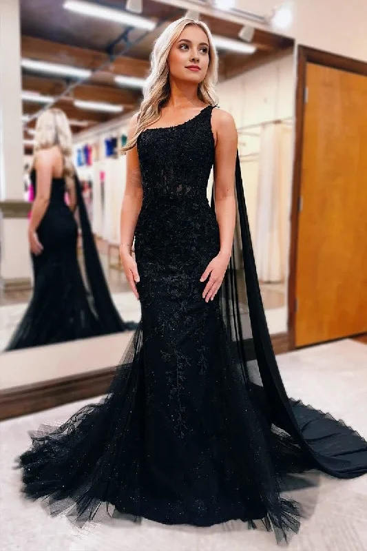 Black One Shoulder Appliques Mermaid Long Prom Dresses Black Maxi Skirt