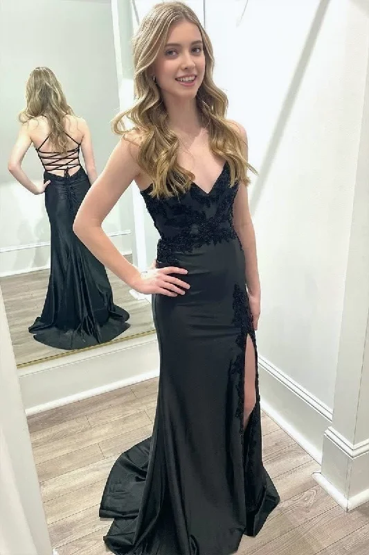 Black V Neck Satin Mermaid Long Prom Dresses with Slit Trendy Maxi Skirt