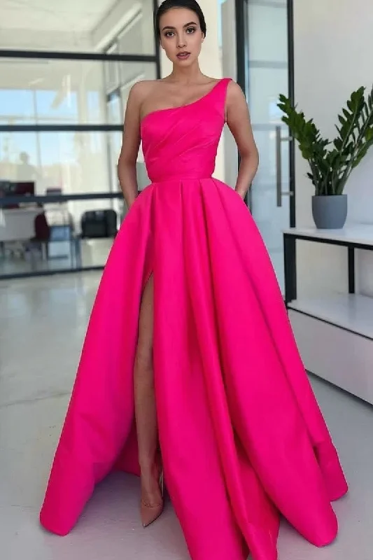 Charming A Line One Shoulder Fuchsia Sequins Long Prom Dresses with Slit Lace Detail Maxi