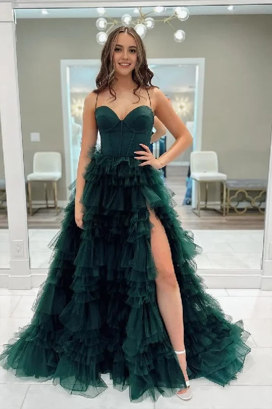 Dark Green Sweetheart Ruffle Tiered Tulle Long Prom Dresses with Slit Midi Maxi Skirt