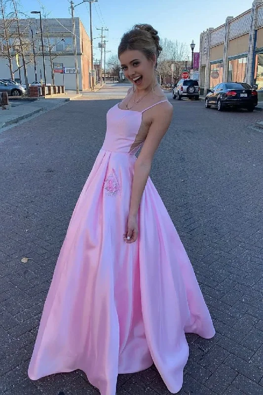 Elegant Straps A-Line Pink Long Prom Dress with Beaded Pockets Formal Maxi Outfit