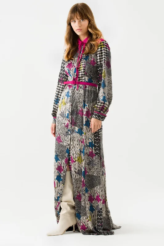 Fuchsia Shawl Patterned Front Button Maxi Dress Summer Floral Maxi