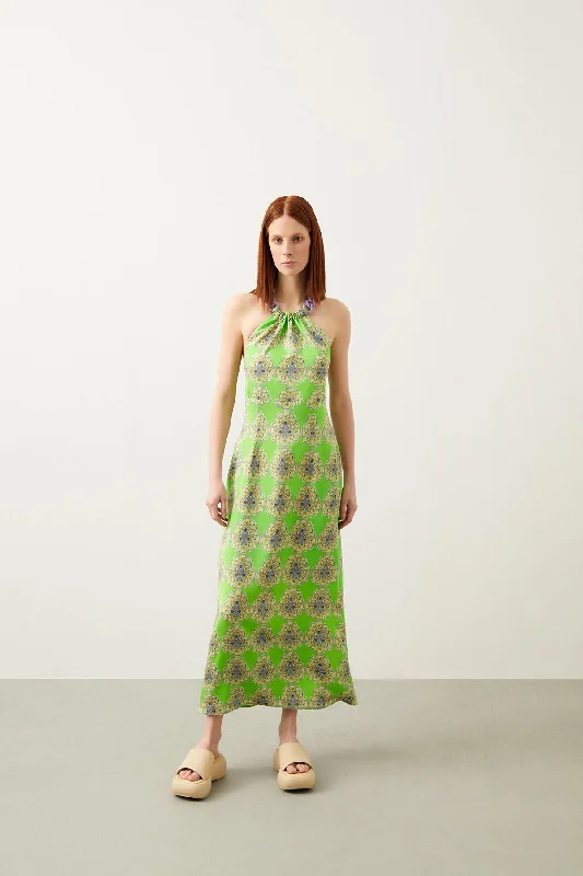 Green Patterned Halter Collar Sleeveless Maxi Dress Button-down Maxi Skirt