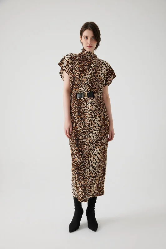 Leopard Print Sleeveless Maxi Dress Soft Pleated Maxi