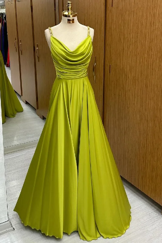 Olive Green Cowl Neck Chain Strap A-Line Long Prom Dress Pleated Floral Maxi