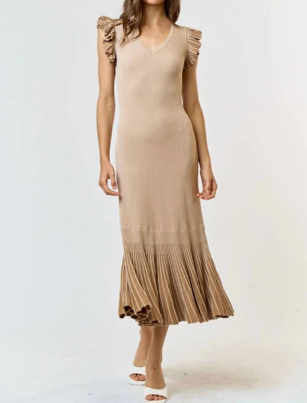 Ruffle Sleeve Pleated Mermaid Sweater Maxi Dress In Tan Skirt with Slits