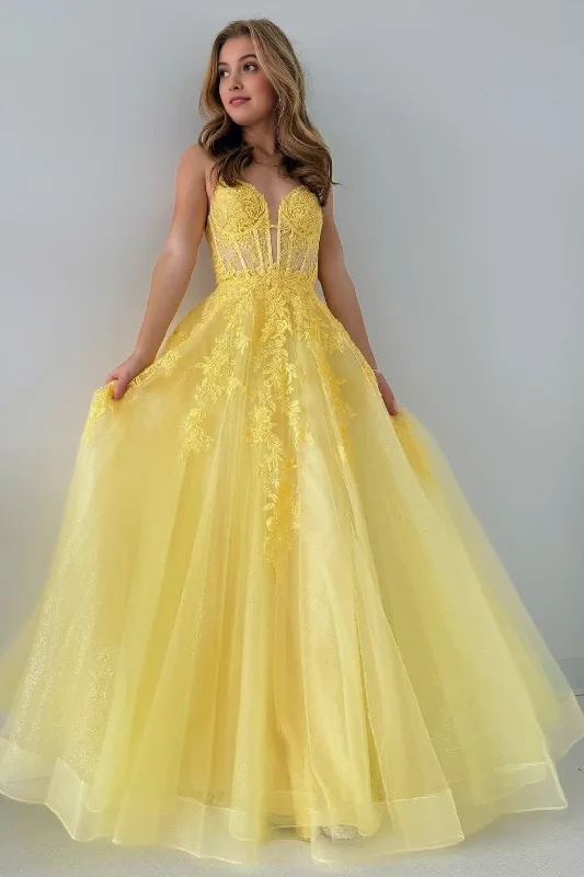 Yellow Tulle Appliques Lace-Up A-Line Long Prom Dress Maxi Skirt Glam