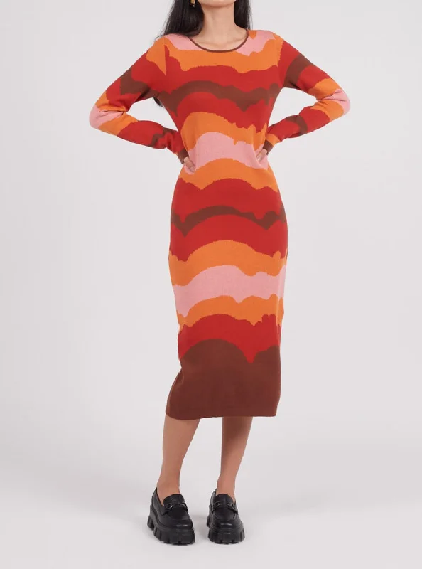 Organic Cotton Sunset Knit Midi Dress In Multi Soft A-line Skirt