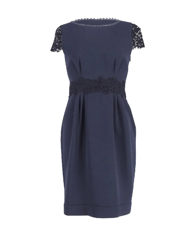 Alberta Ferretti Lace-Trimmed Shift Dress in Navy Blue Polyester Lace Dress Flare