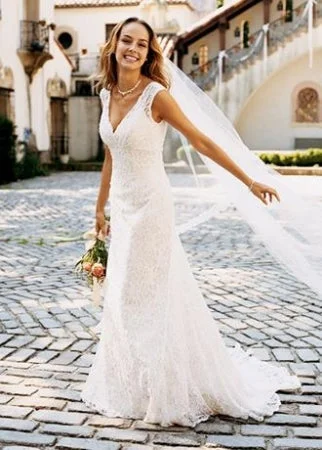 David's Bridal Allover Beaded Lace Trumpet Gown Lace Dress Glamour