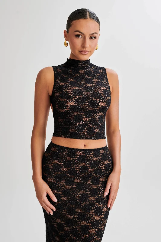 Elska Lace High Neck Top - Black Romantic Lace Dress