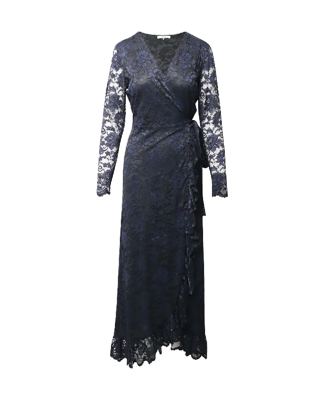 Ganni Flynn Ruffle Lace Wrap Dress in Navy Blue Polyamide Lace High Neck Dress