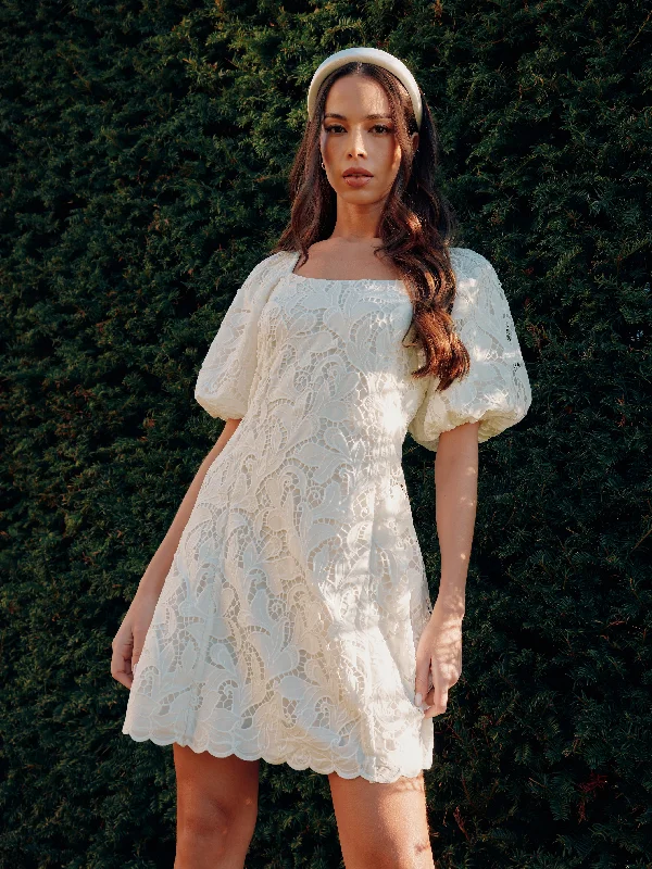 Ivory Lace Puff Sleeve Square Neck Dress Lace Detail Dress