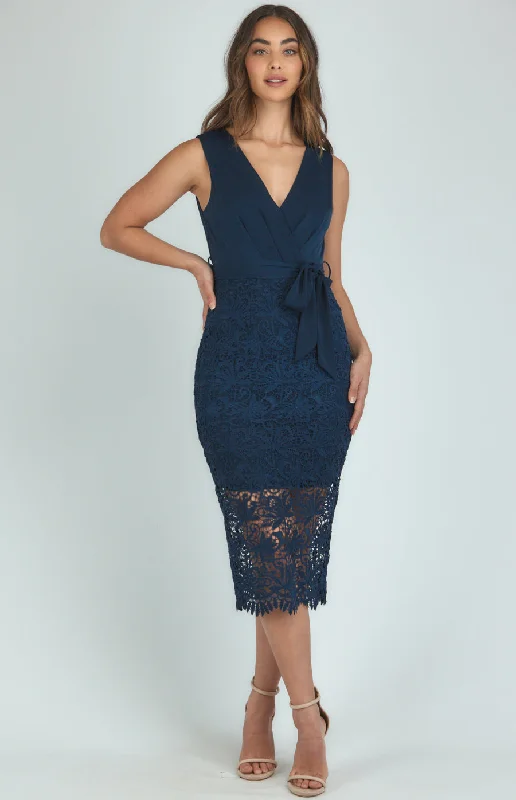 V-Neckline Lace Contrast Dress With Belt Detail Lace High Neck Dress